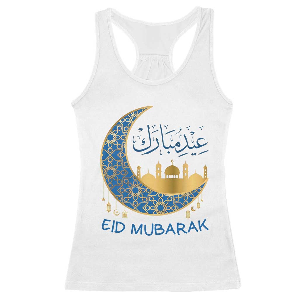 Eid Mubarak Crescent Moon Mosque Racerback Tank Top Arabic Calligraphy Islamic Celebration Gift TS02 White Print Your Wear