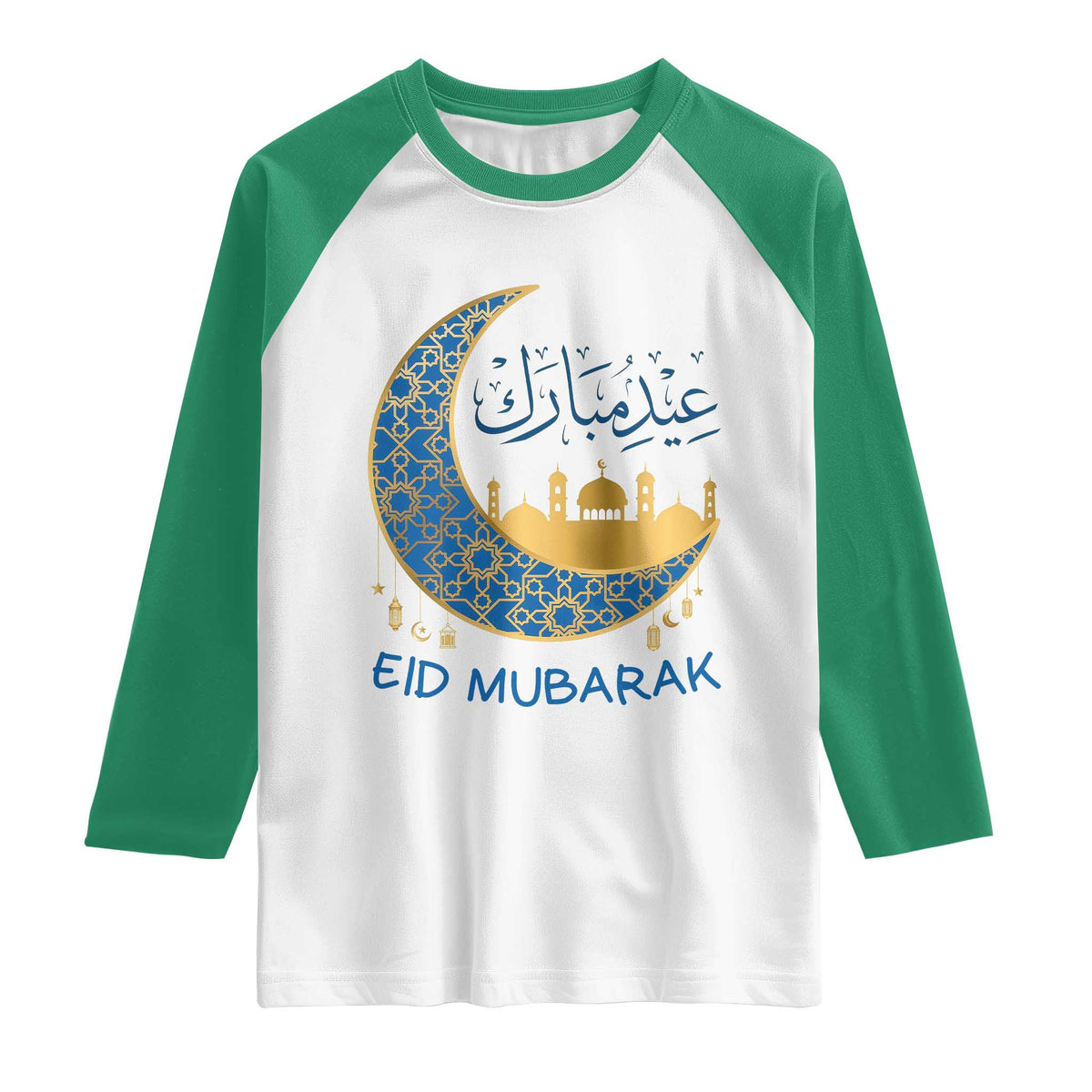 Eid Mubarak Crescent Moon Mosque Raglan Shirt Arabic Calligraphy Islamic Celebration Gift TS02 White Kelly Green Print Your Wear