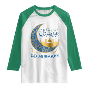 Eid Mubarak Crescent Moon Mosque Raglan Shirt Arabic Calligraphy Islamic Celebration Gift TS02 White Kelly Green Print Your Wear