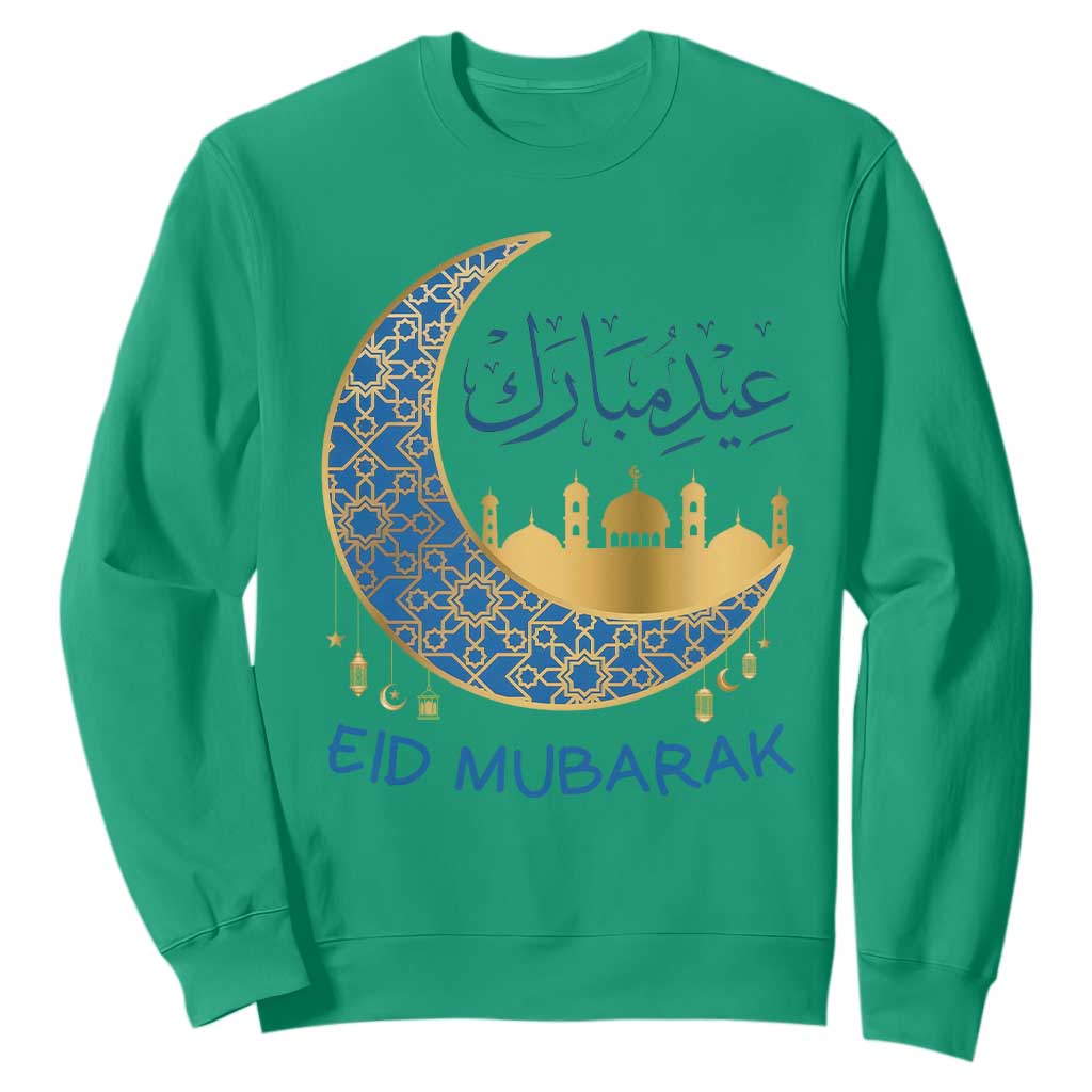 Eid Mubarak Crescent Moon Mosque Sweatshirt Arabic Calligraphy Islamic Celebration Gift TS02 Irish Green Print Your Wear
