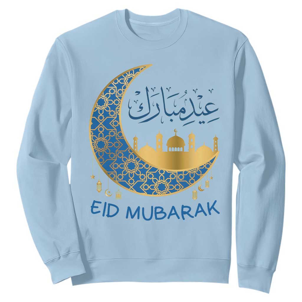 Eid Mubarak Crescent Moon Mosque Sweatshirt Arabic Calligraphy Islamic Celebration Gift TS02 Light Blue Print Your Wear