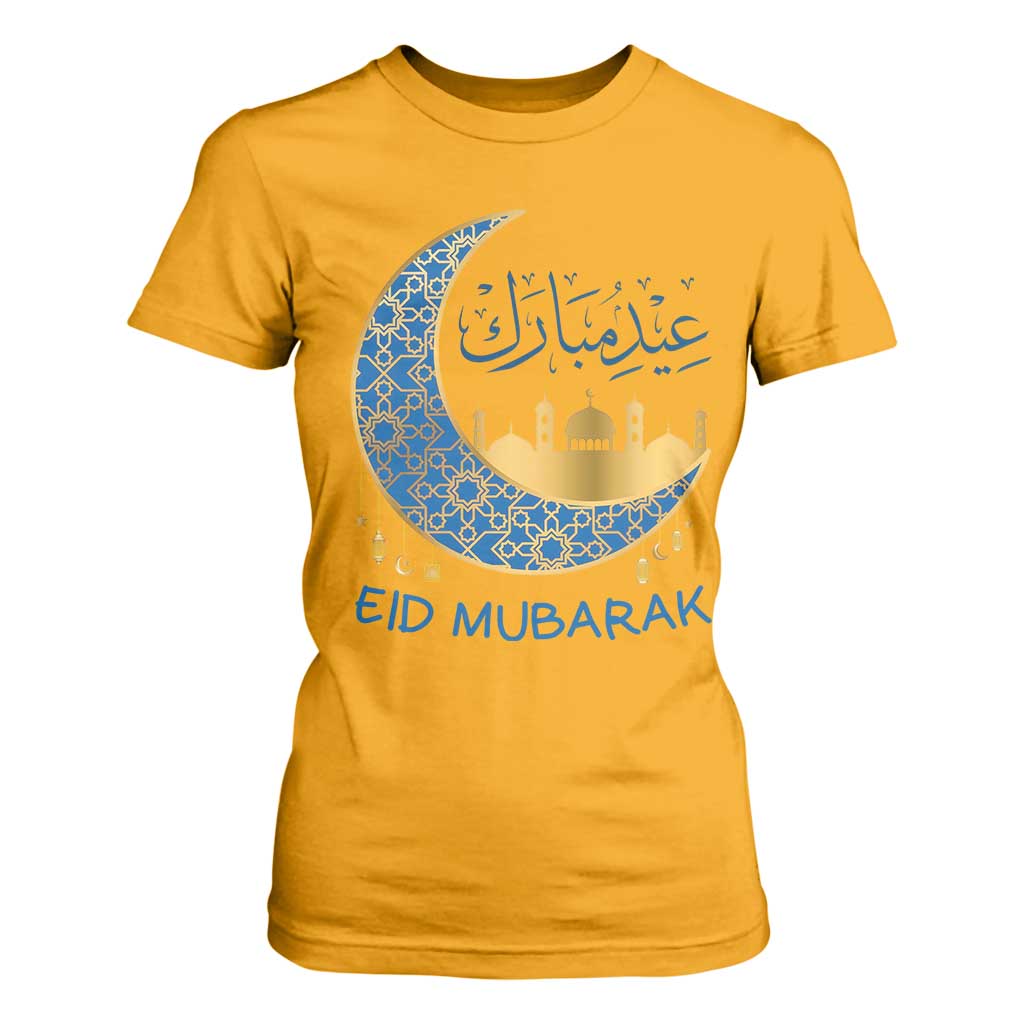 Eid Mubarak Crescent Moon Mosque T Shirt For Women Arabic Calligraphy Islamic Celebration Gift TS02 Gold Print Your Wear