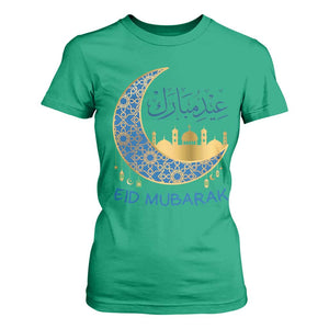 Eid Mubarak Crescent Moon Mosque T Shirt For Women Arabic Calligraphy Islamic Celebration Gift TS02 Irish Green Print Your Wear