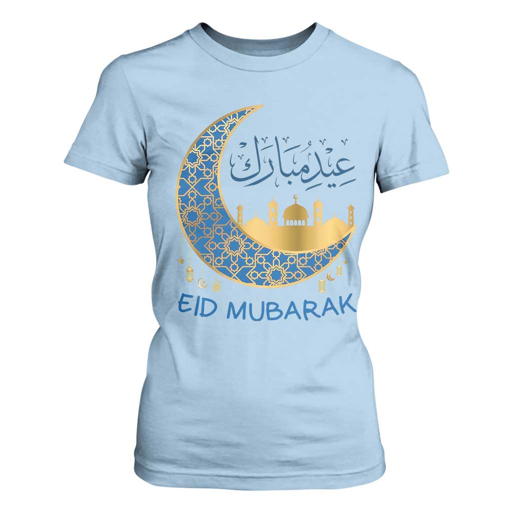 Eid Mubarak Crescent Moon Mosque T Shirt For Women Arabic Calligraphy Islamic Celebration Gift TS02 Light Blue Print Your Wear