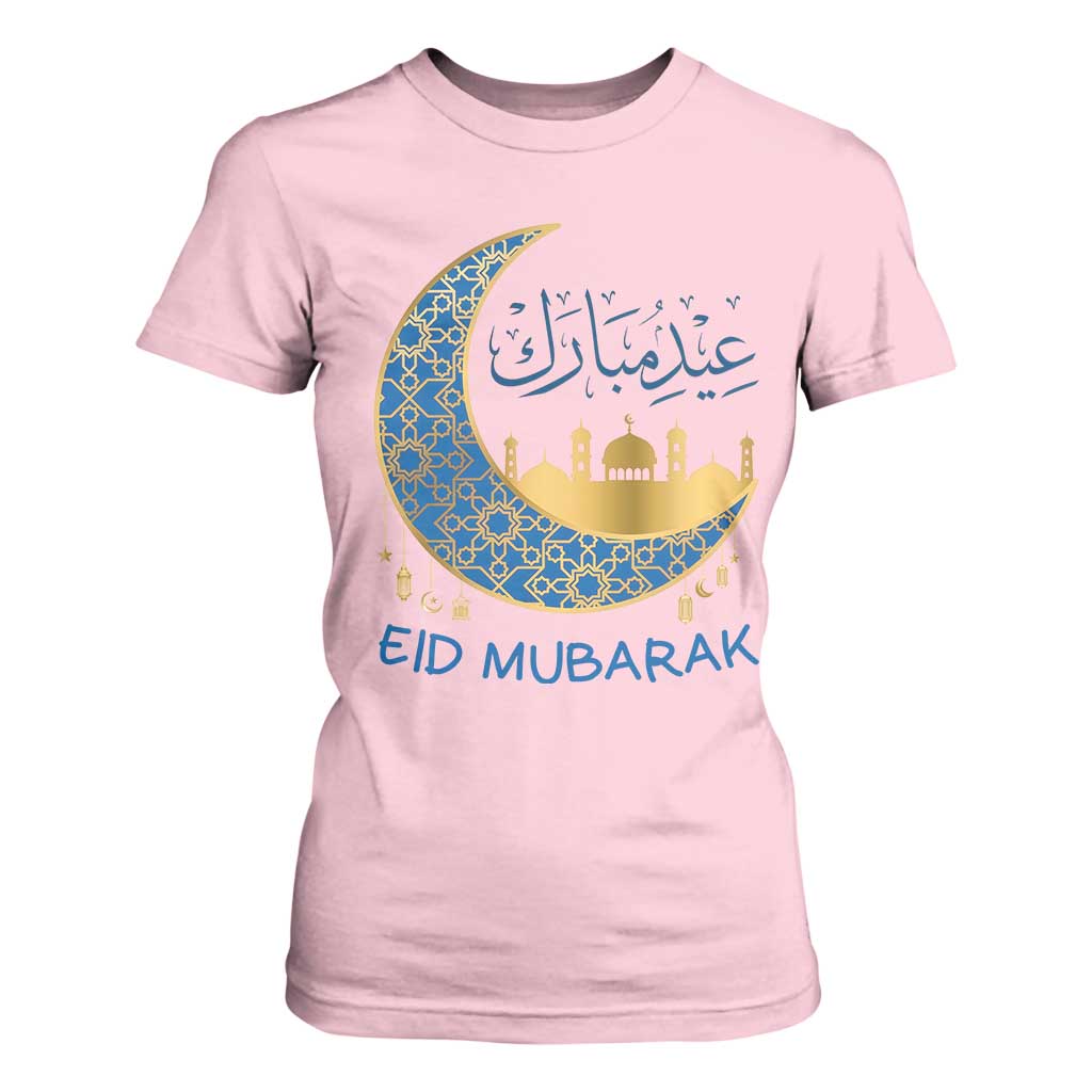 Eid Mubarak Crescent Moon Mosque T Shirt For Women Arabic Calligraphy Islamic Celebration Gift TS02 Light Pink Print Your Wear