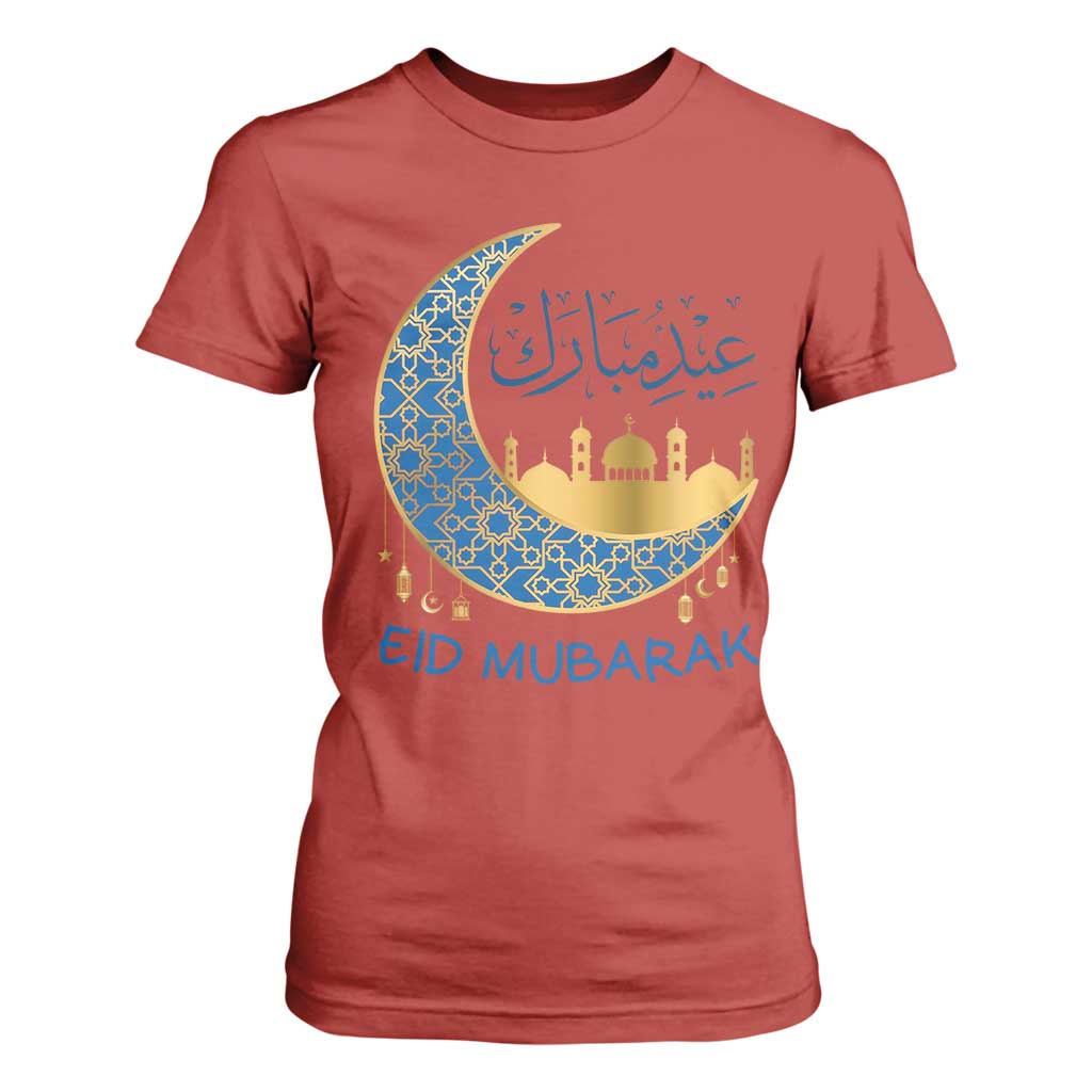 Eid Mubarak Crescent Moon Mosque T Shirt For Women Arabic Calligraphy Islamic Celebration Gift TS02 Red Print Your Wear