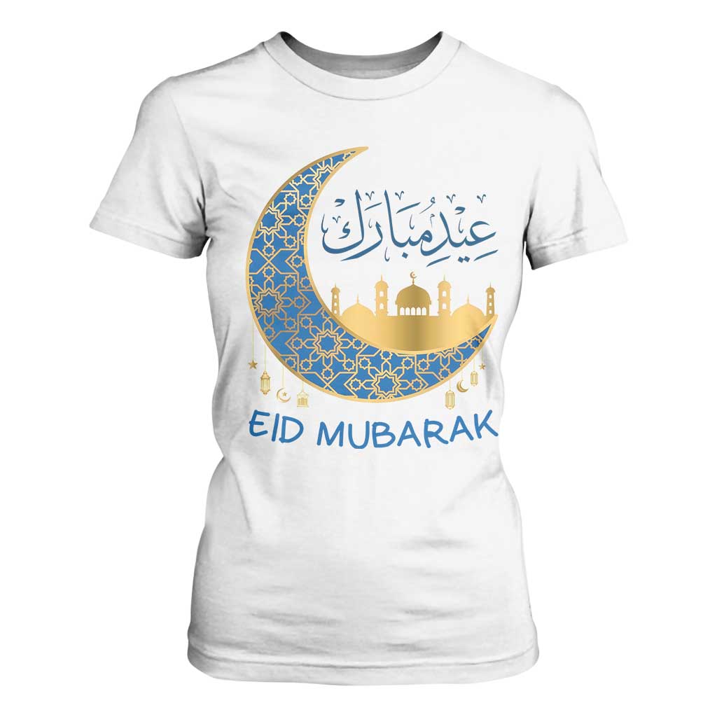 Eid Mubarak Crescent Moon Mosque T Shirt For Women Arabic Calligraphy Islamic Celebration Gift TS02 White Print Your Wear