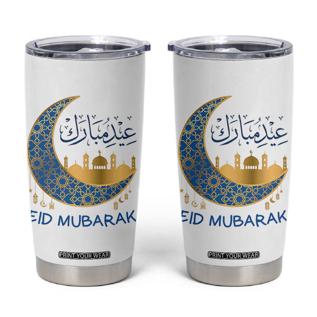 Eid Mubarak Crescent Moon Mosque Tumbler Cup Arabic Calligraphy Islamic Celebration Gift TS02 White Print Your Wear