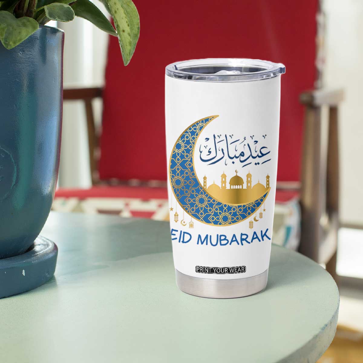 Eid Mubarak Crescent Moon Mosque Tumbler Cup Arabic Calligraphy Islamic Celebration Gift TS02 Print Your Wear