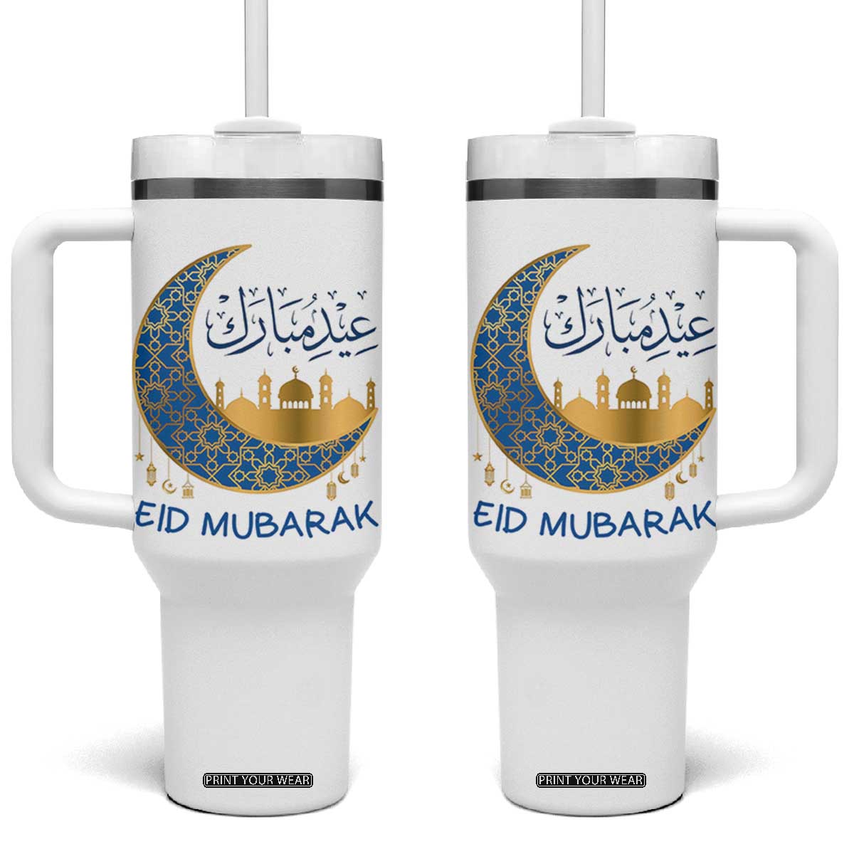 Eid Mubarak Crescent Moon Mosque Tumbler With Handle Arabic Calligraphy Islamic Celebration Gift TS02 One Size: 40 oz White Print Your Wear