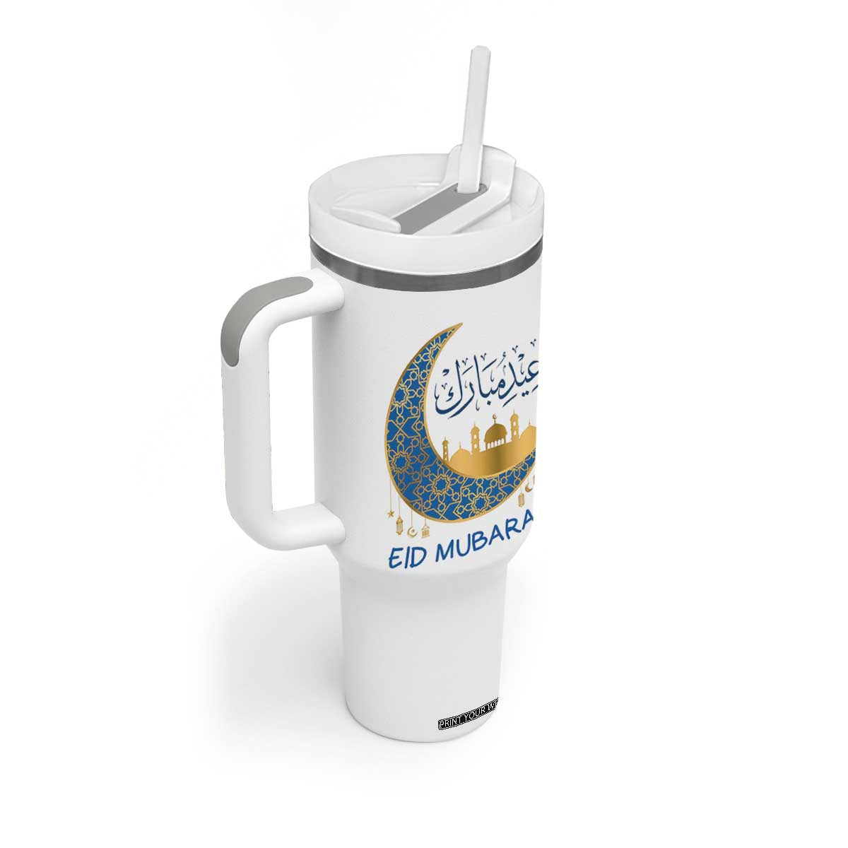 Eid Mubarak Crescent Moon Mosque Tumbler With Handle Arabic Calligraphy Islamic Celebration Gift TS02 Print Your Wear