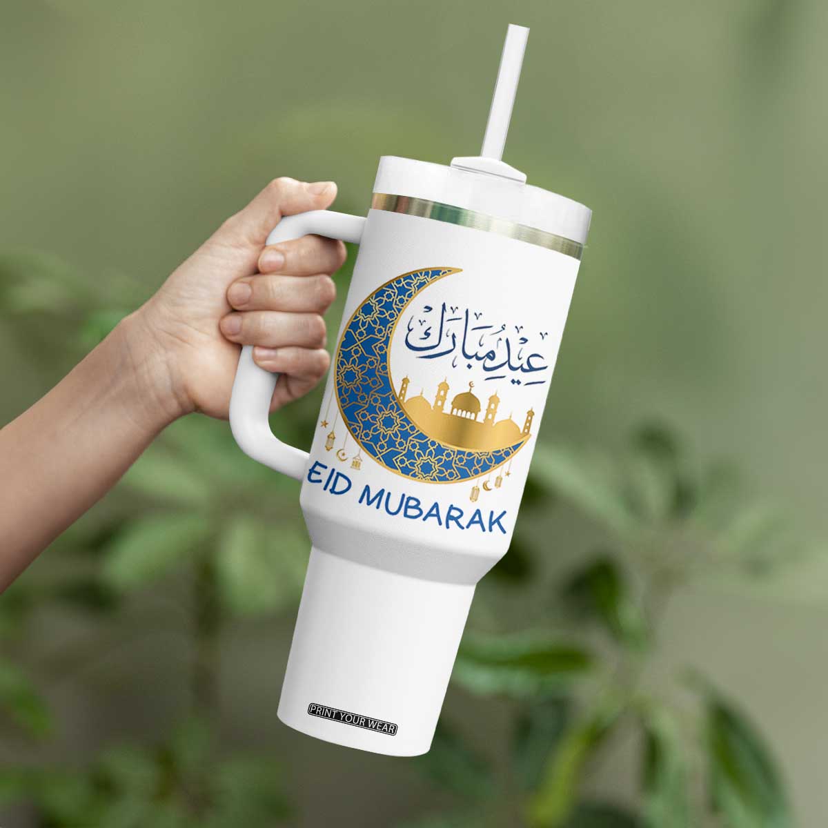 Eid Mubarak Crescent Moon Mosque Tumbler With Handle Arabic Calligraphy Islamic Celebration Gift TS02 Print Your Wear