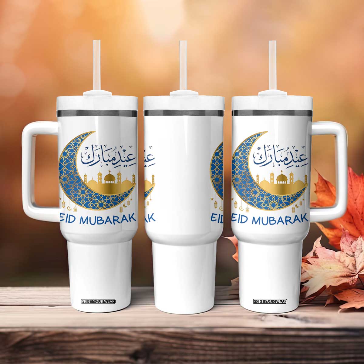 Eid Mubarak Crescent Moon Mosque Tumbler With Handle Arabic Calligraphy Islamic Celebration Gift TS02 Print Your Wear