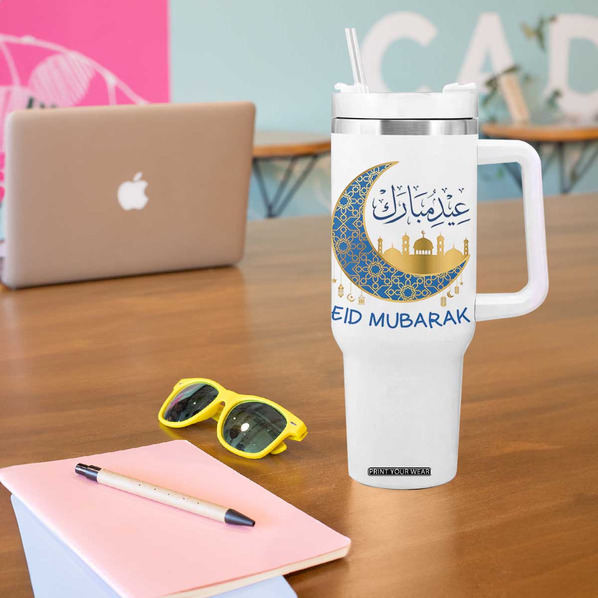 Eid Mubarak Crescent Moon Mosque Tumbler With Handle Arabic Calligraphy Islamic Celebration Gift TS02 Print Your Wear