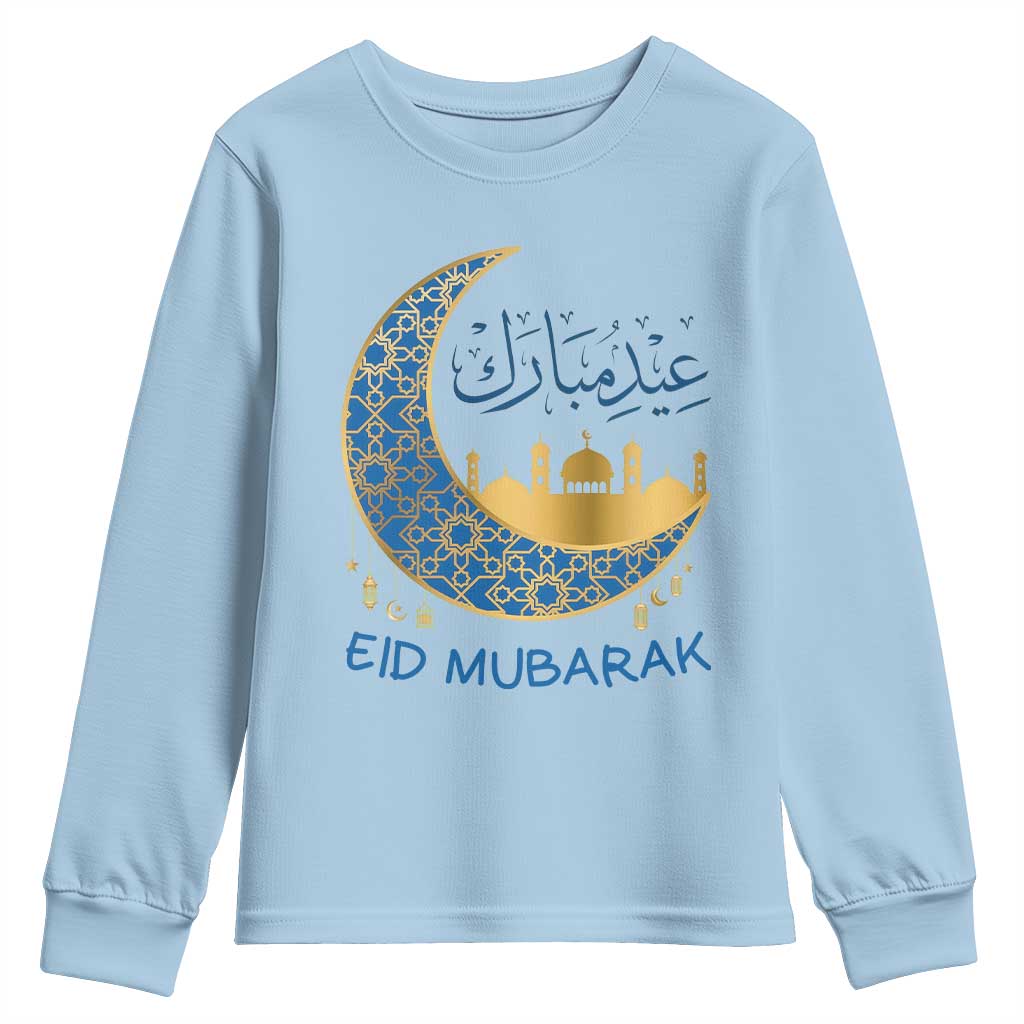 Eid Mubarak Crescent Moon Mosque Youth Sweatshirt Arabic Calligraphy Islamic Celebration Gift TS02 Light Blue Print Your Wear