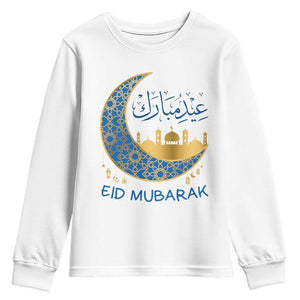 Eid Mubarak Crescent Moon Mosque Youth Sweatshirt Arabic Calligraphy Islamic Celebration Gift TS02 White Print Your Wear