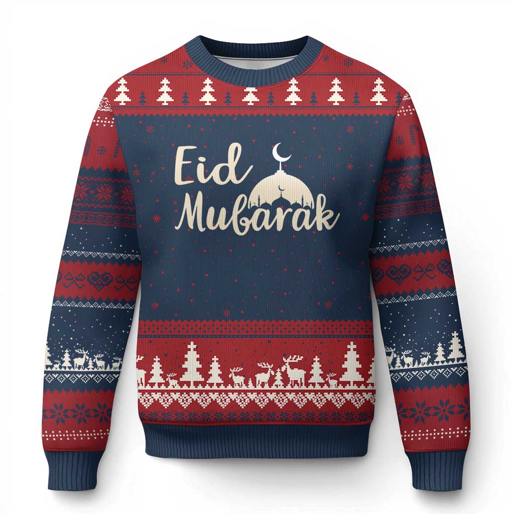 Eid Mubarak Mosque Silhouette Ugly Christmas Sweater Islamic Holiday Celebration TS02 Navy Red Print Your Wear