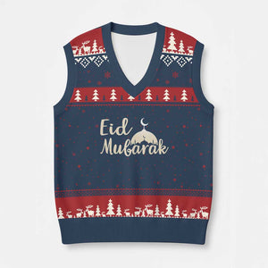 Eid Mubarak Mosque Silhouette V-Neck Knit Sweater Vest Islamic Holiday Celebration TS02 Navy Red Print Your Wear