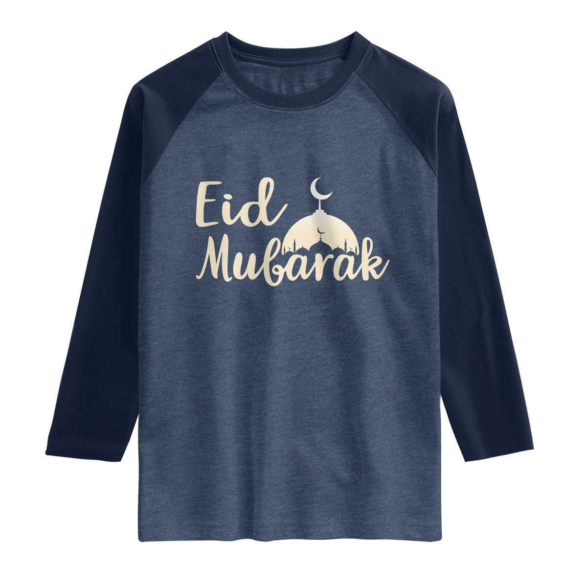 Eid Mubarak Mosque Silhouette Raglan Shirt Islamic Holiday Celebration TS02 Heather Denim Navy Print Your Wear