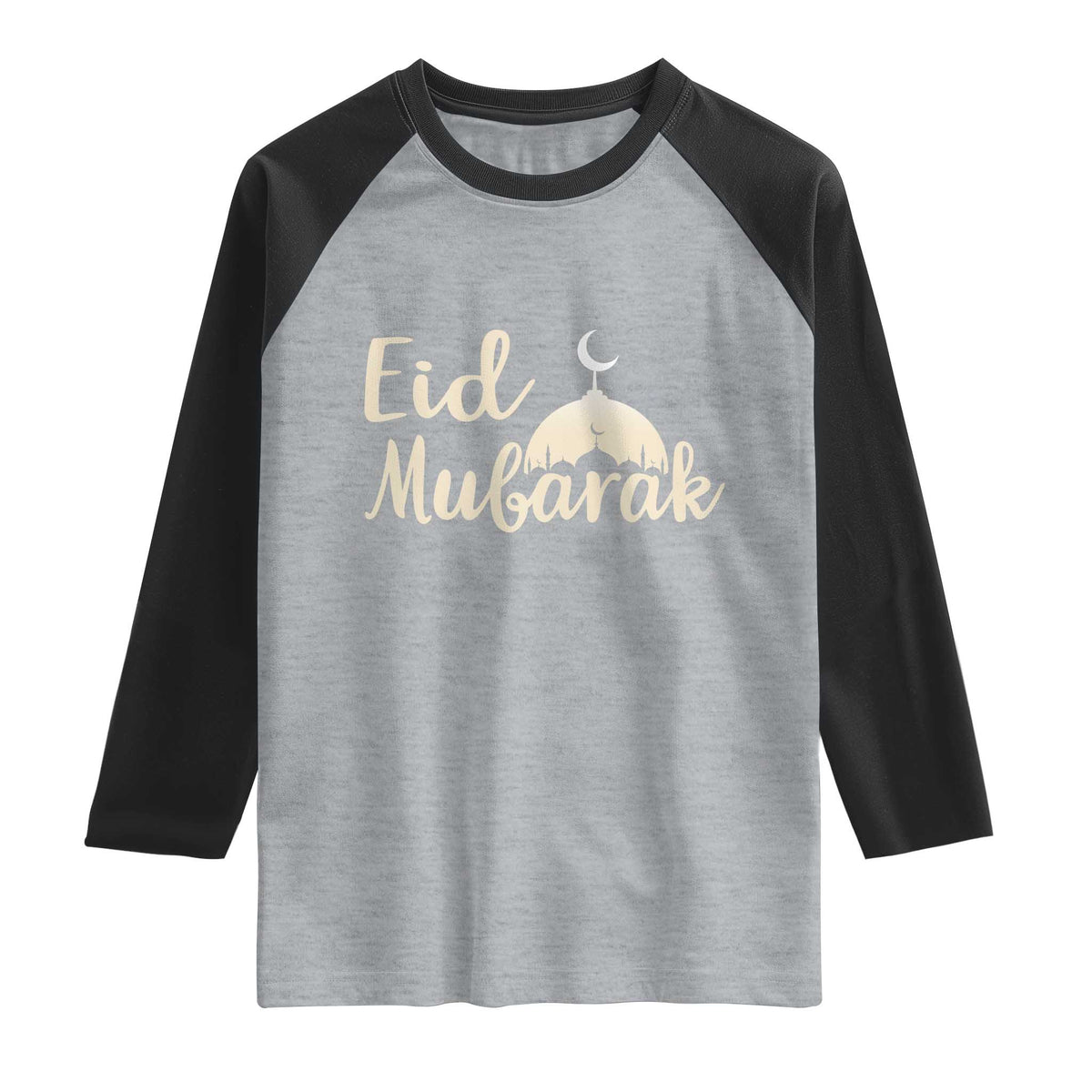 Eid Mubarak Mosque Silhouette Raglan Shirt Islamic Holiday Celebration TS02 Heather Gray Black Print Your Wear