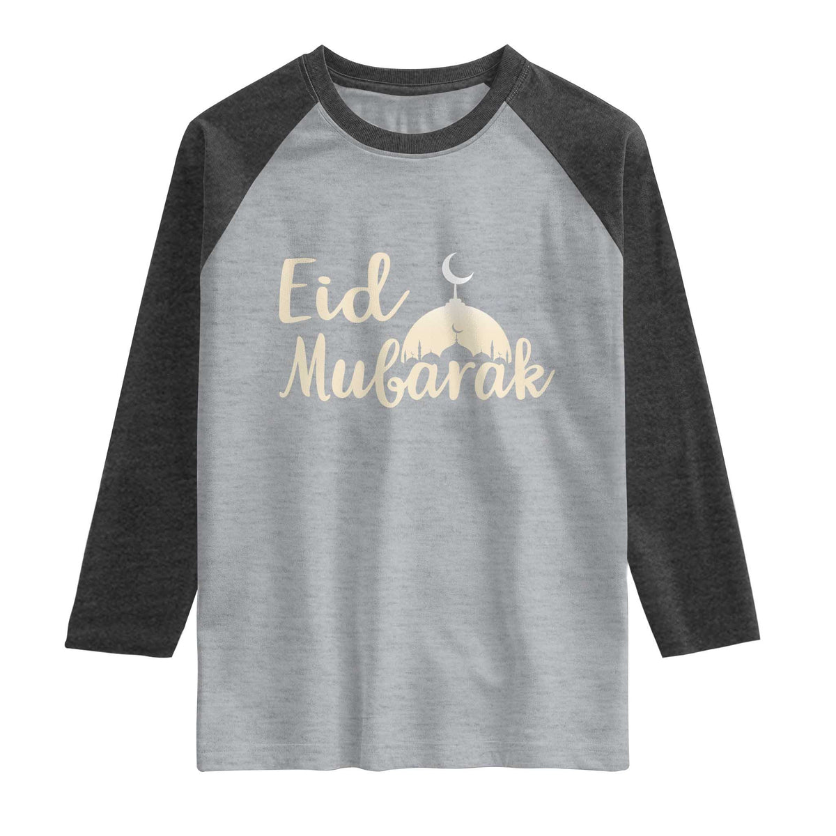 Eid Mubarak Mosque Silhouette Raglan Shirt Islamic Holiday Celebration TS02 Heather Gray Heather Charcoal Print Your Wear