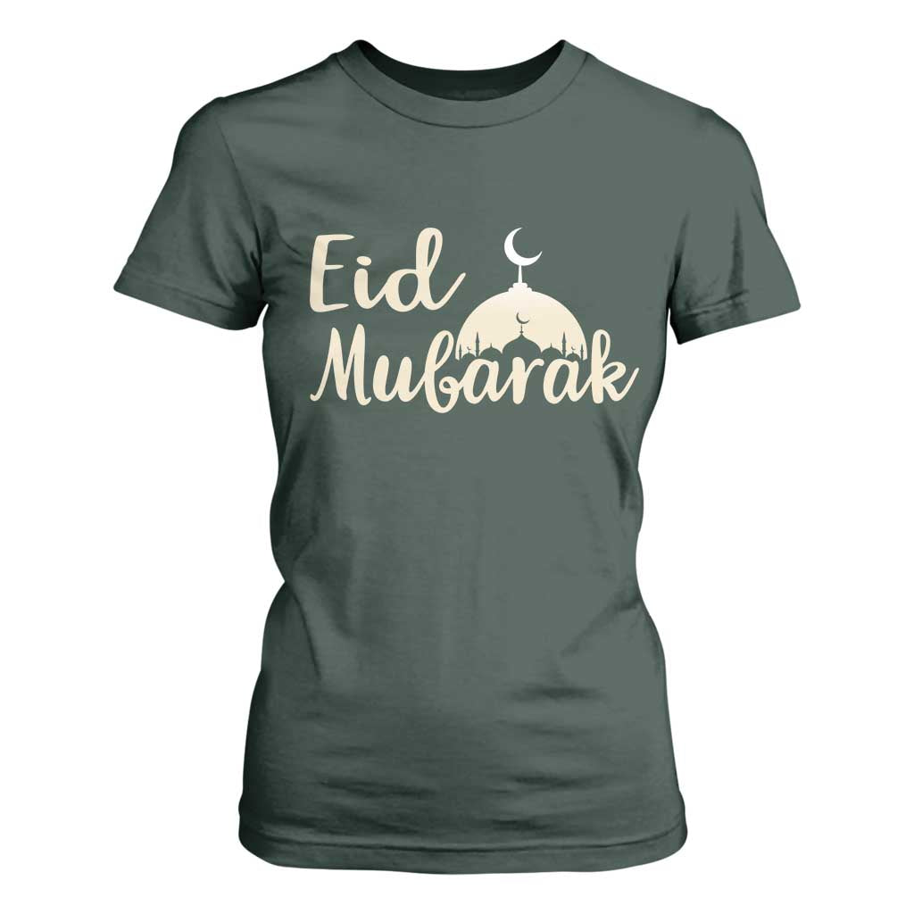 Eid Mubarak Mosque Silhouette T Shirt For Women Islamic Holiday Celebration TS02 Dark Forest Green Print Your Wear