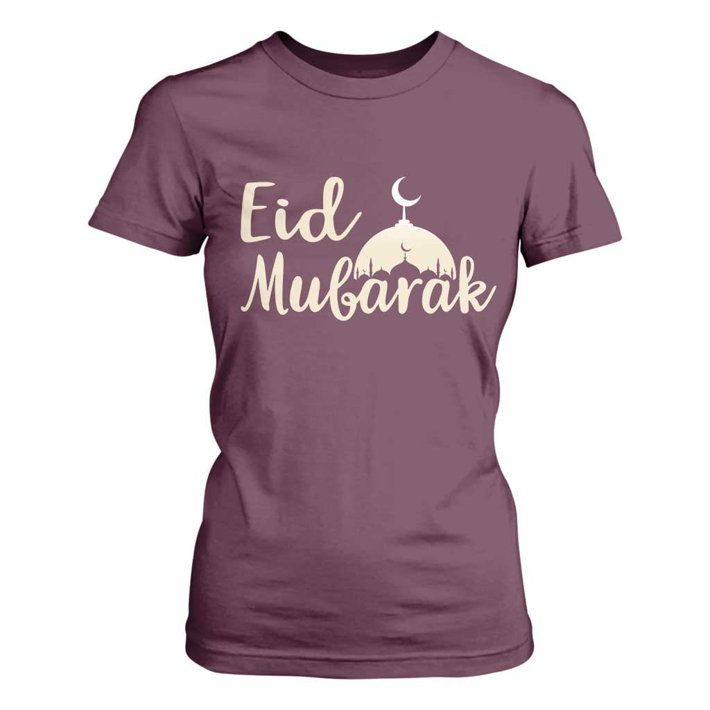 Eid Mubarak Mosque Silhouette T Shirt For Women Islamic Holiday Celebration TS02 Maroon Print Your Wear