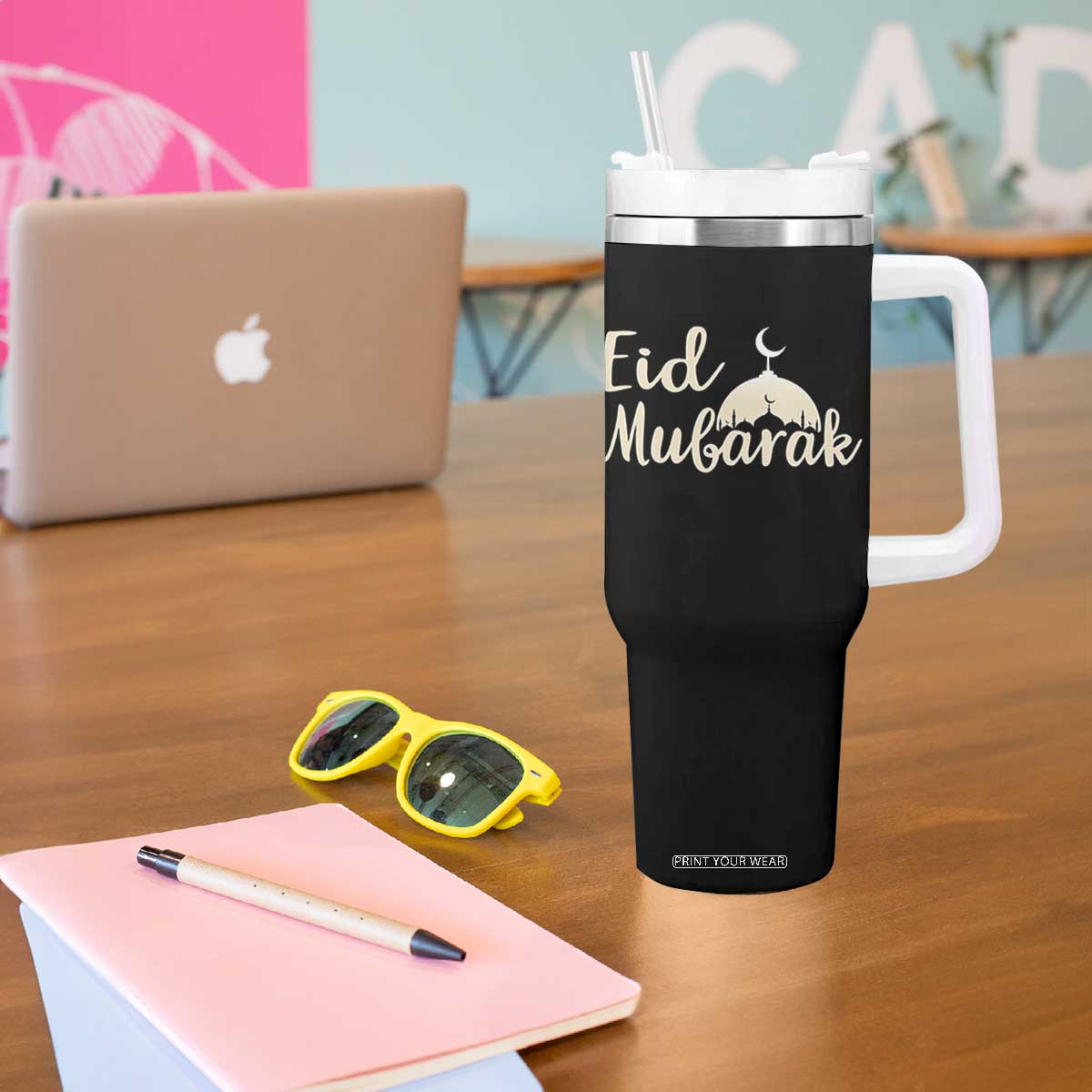 Eid Mubarak Mosque Silhouette Tumbler With Handle Islamic Holiday Celebration TS02 Print Your Wear