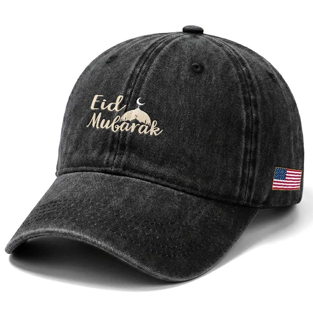Eid Mubarak Mosque Silhouette Washed Cotton Baseball Cap Islamic Holiday Celebration