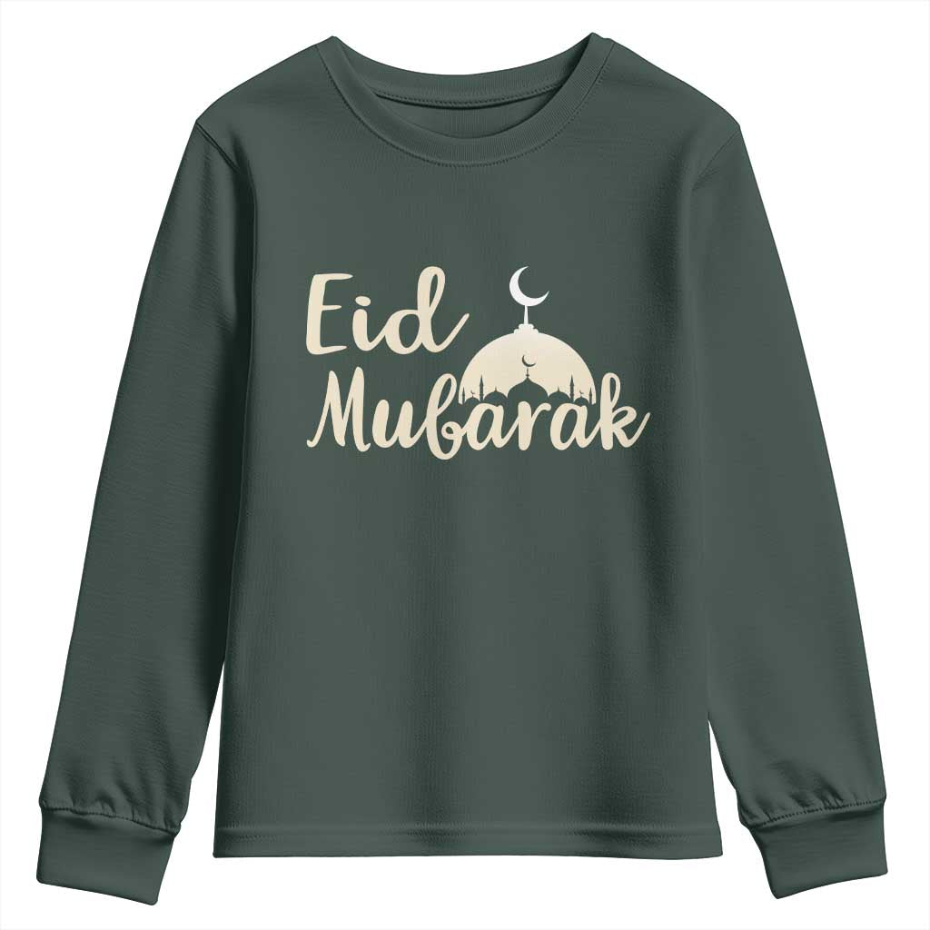Eid Mubarak Mosque Silhouette Youth Sweatshirt Islamic Holiday Celebration TS02 Dark Forest Green Print Your Wear