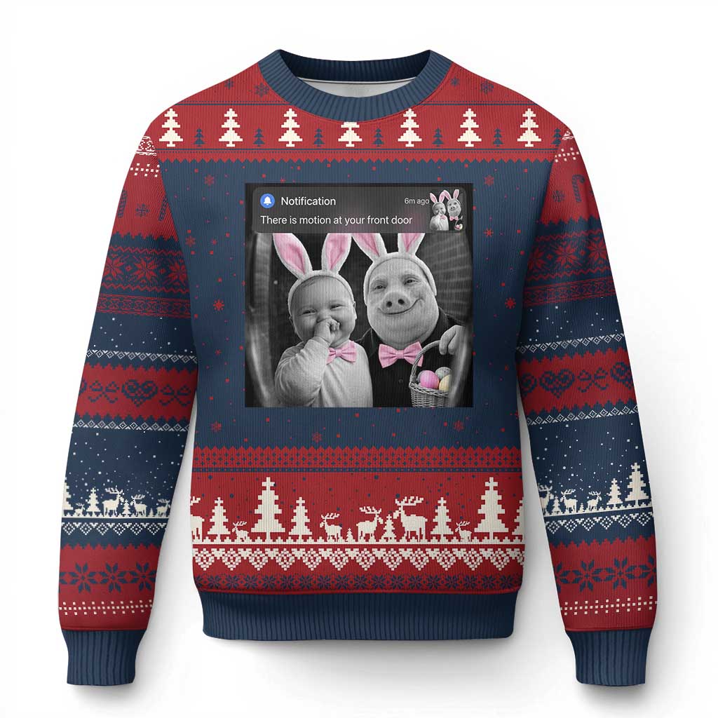 Funny Easter AI Baby with John Pork Meme Ugly Christmas Sweater There Is Motion at Your Front Door Notification Humor TS02 Navy Red Print Your Wear