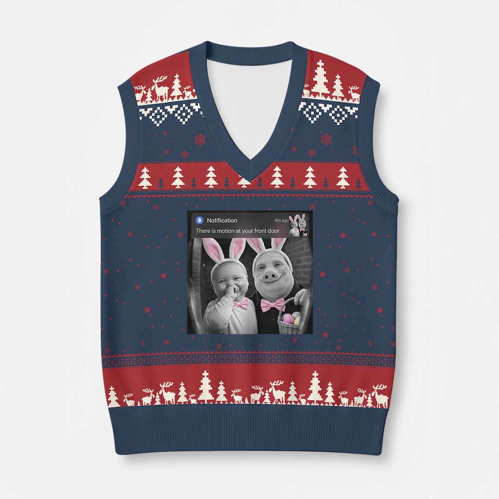 Funny Easter AI Baby with John Pork Meme V-Neck Knit Sweater Vest There Is Motion at Your Front Door Notification Humor TS02 Navy Red Print Your Wear