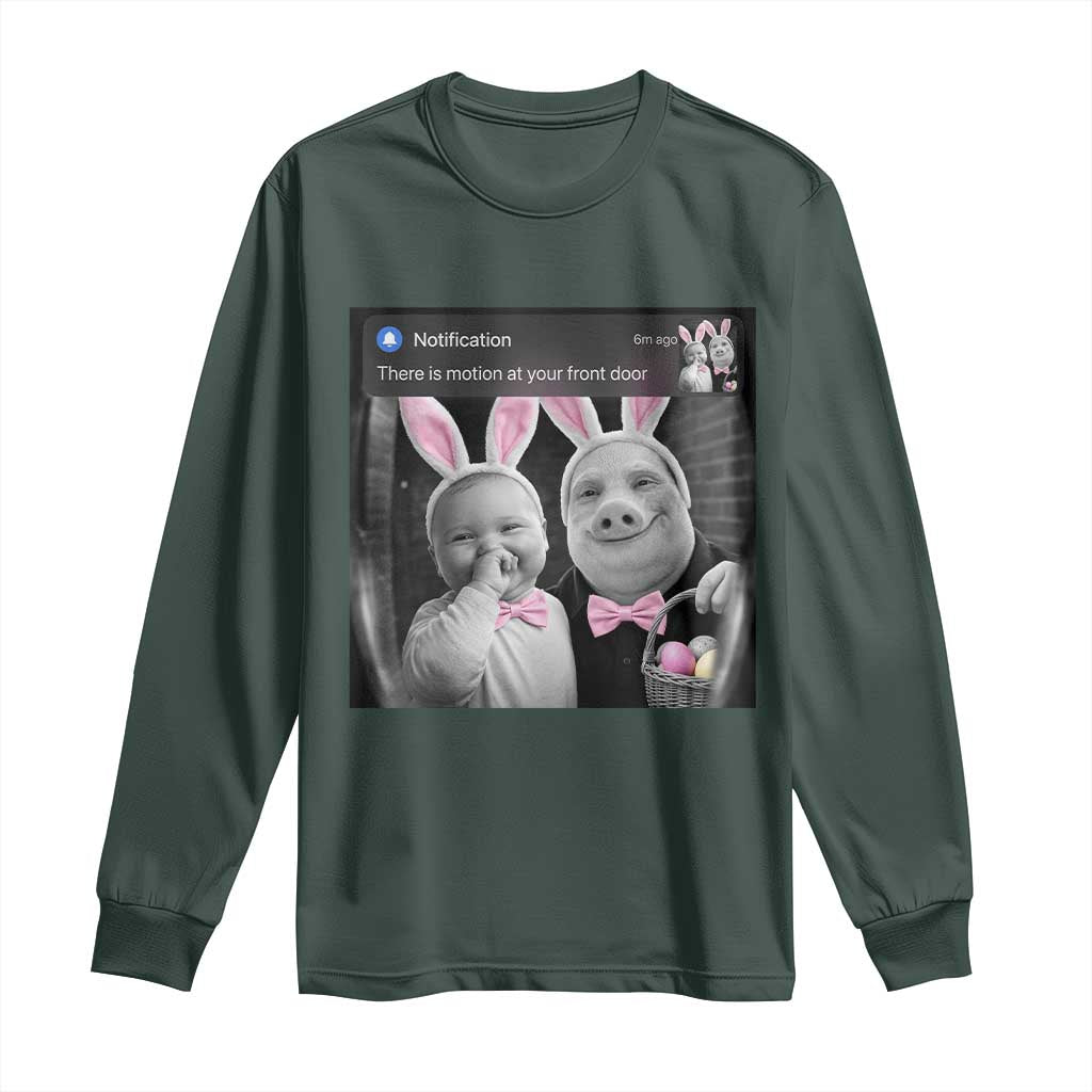 Funny Easter AI Baby with John Pork Meme Long Sleeve Shirt There Is Motion at Your Front Door Notification Humor TS02 Dark Forest Green Print Your Wear
