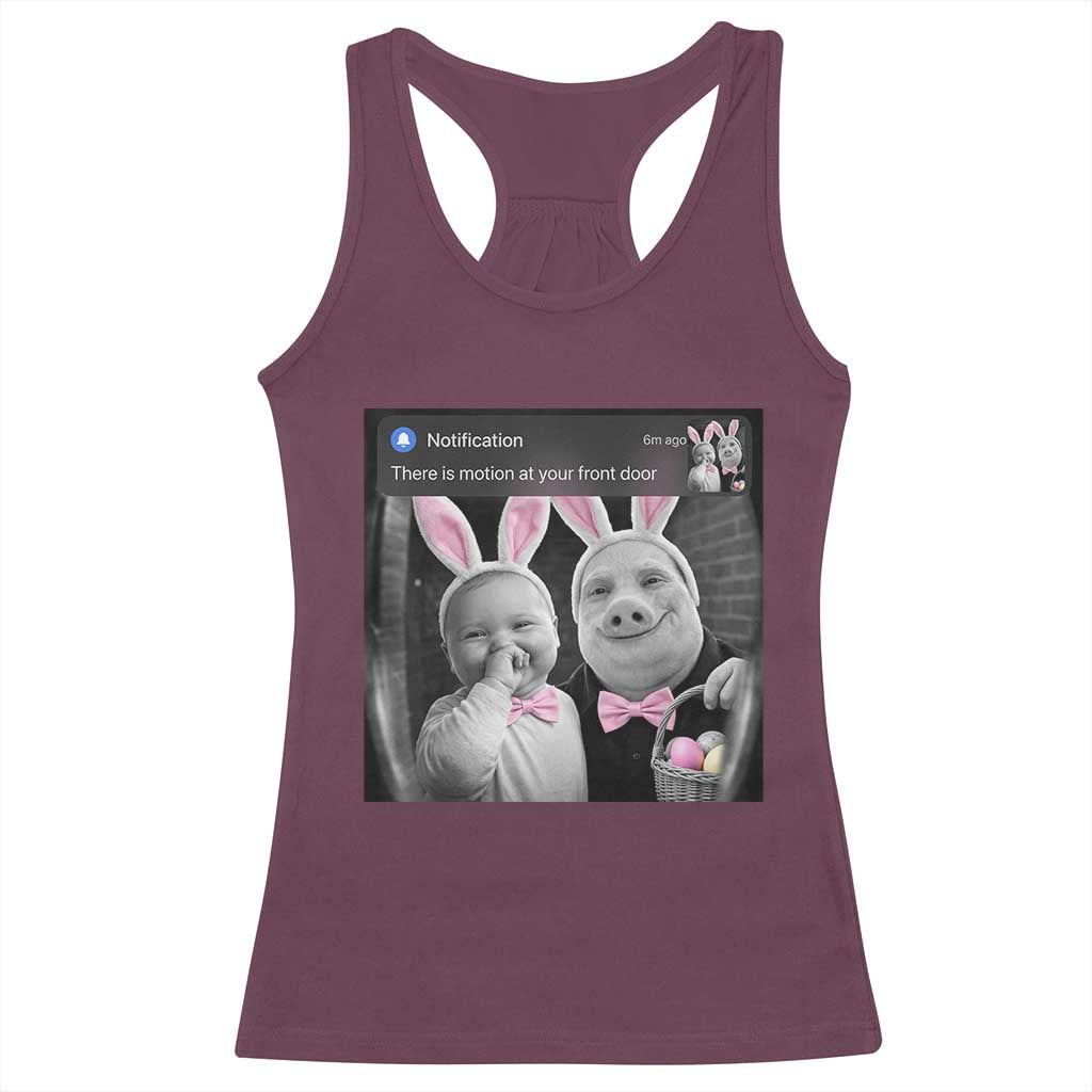 Funny Easter AI Baby with John Pork Meme Racerback Tank Top There Is Motion at Your Front Door Notification Humor TS02 Maroon Print Your Wear
