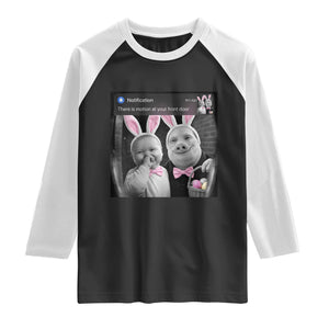 Funny Easter AI Baby with John Pork Meme Raglan Shirt There Is Motion at Your Front Door Notification Humor TS02 Black White Print Your Wear