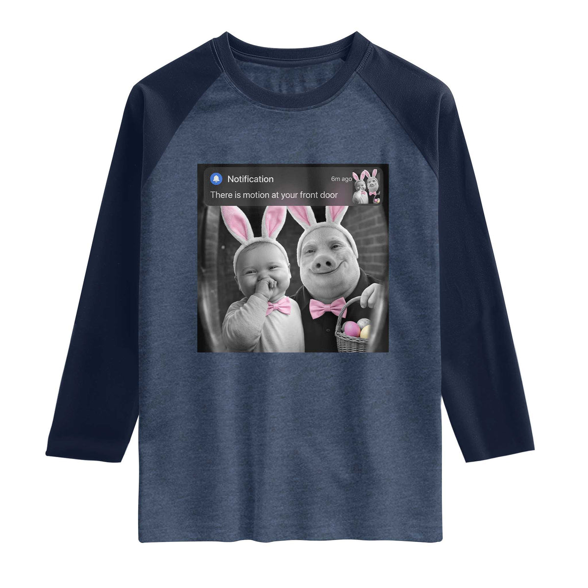 Funny Easter AI Baby with John Pork Meme Raglan Shirt There Is Motion at Your Front Door Notification Humor TS02 Heather Denim Navy Print Your Wear