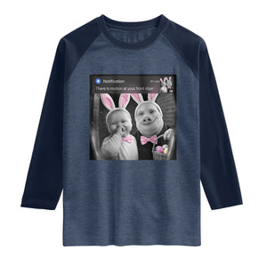Funny Easter AI Baby with John Pork Meme Raglan Shirt There Is Motion at Your Front Door Notification Humor TS02 Heather Denim Navy Print Your Wear