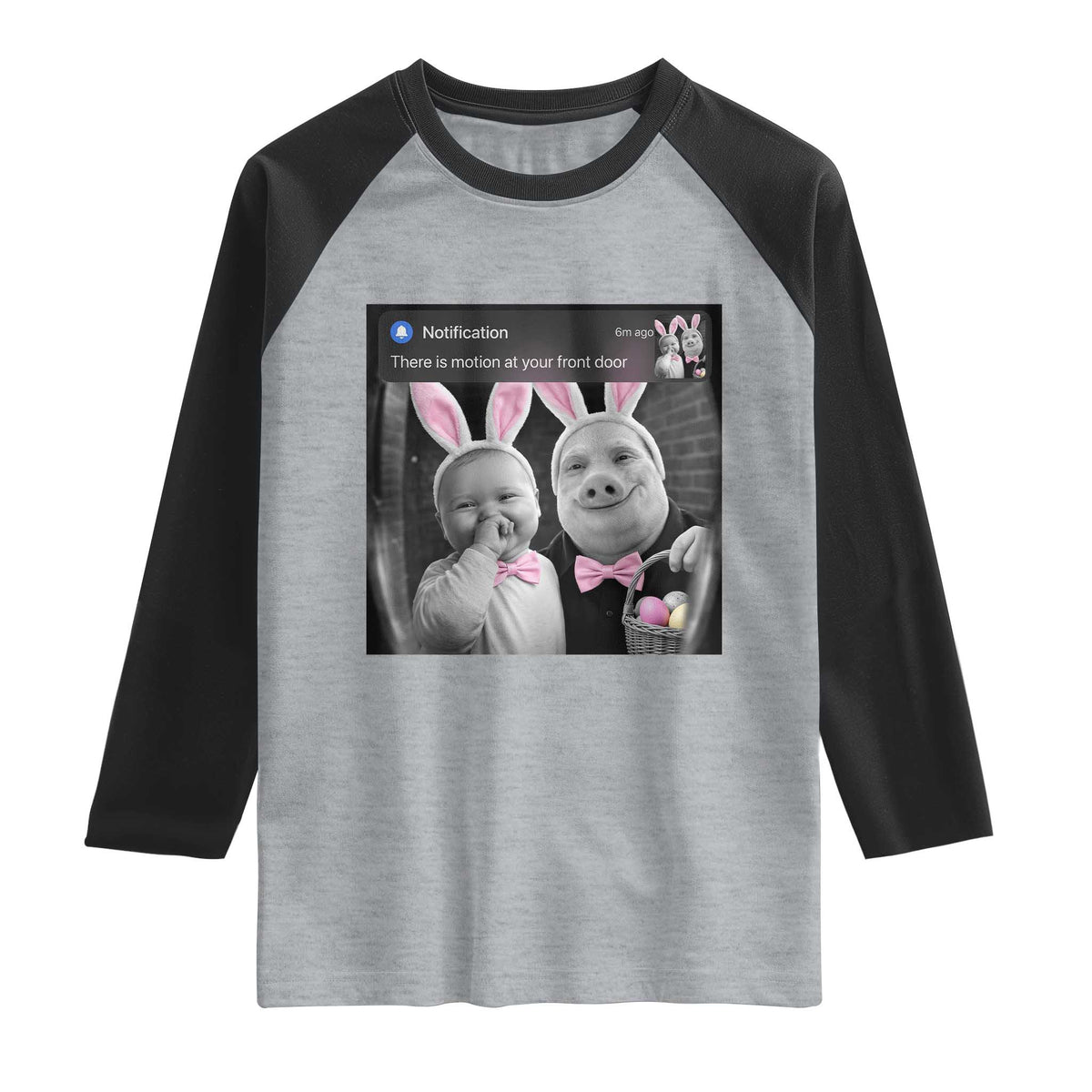 Funny Easter AI Baby with John Pork Meme Raglan Shirt There Is Motion at Your Front Door Notification Humor TS02 Heather Gray Black Print Your Wear