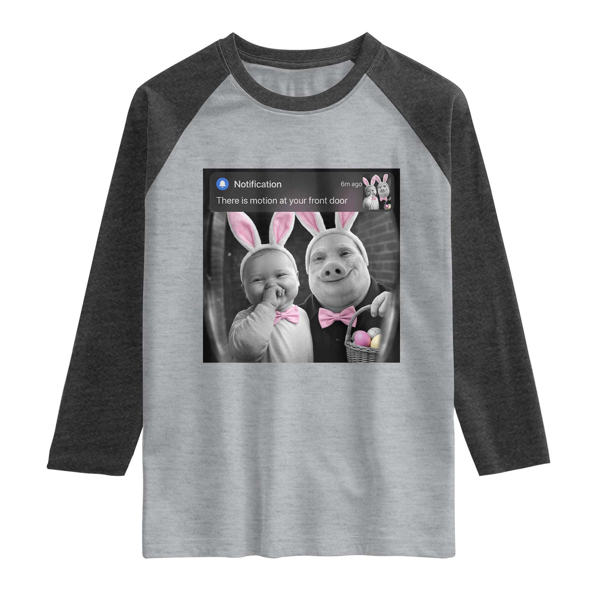 Funny Easter AI Baby with John Pork Meme Raglan Shirt There Is Motion at Your Front Door Notification Humor TS02 Heather Gray Heather Charcoal Print Your Wear