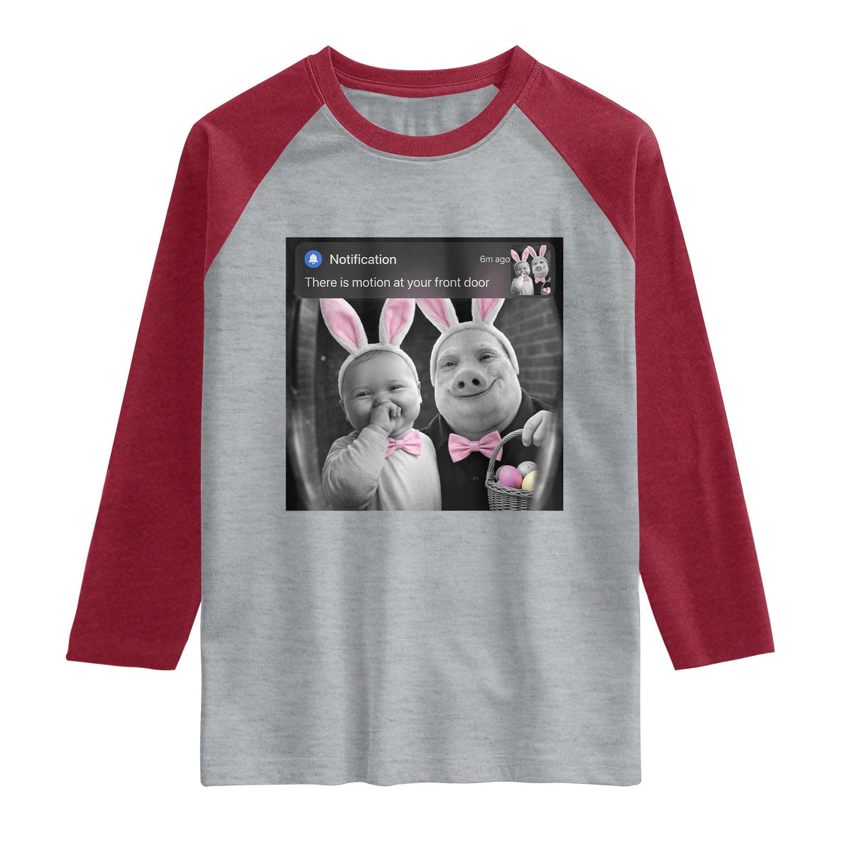 Funny Easter AI Baby with John Pork Meme Raglan Shirt There Is Motion at Your Front Door Notification Humor TS02 Heather Gray Heather Red Print Your Wear