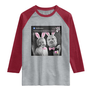 Funny Easter AI Baby with John Pork Meme Raglan Shirt There Is Motion at Your Front Door Notification Humor TS02 Heather Gray Heather Red Print Your Wear