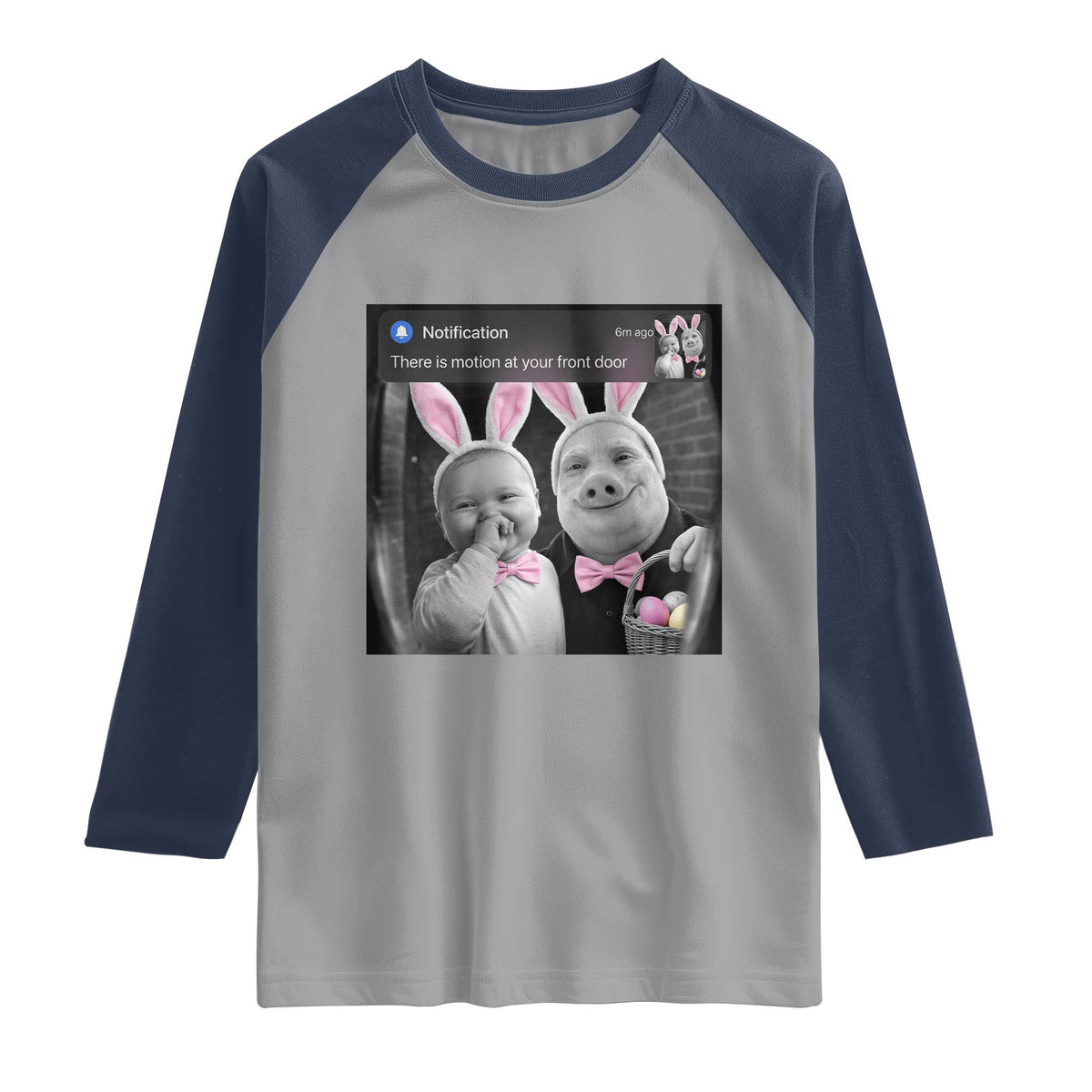 Funny Easter AI Baby with John Pork Meme Raglan Shirt There Is Motion at Your Front Door Notification Humor TS02 Sport Gray Navy Print Your Wear
