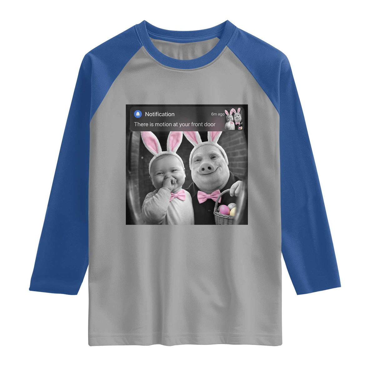 Funny Easter AI Baby with John Pork Meme Raglan Shirt There Is Motion at Your Front Door Notification Humor TS02 Sport Gray Royal Print Your Wear