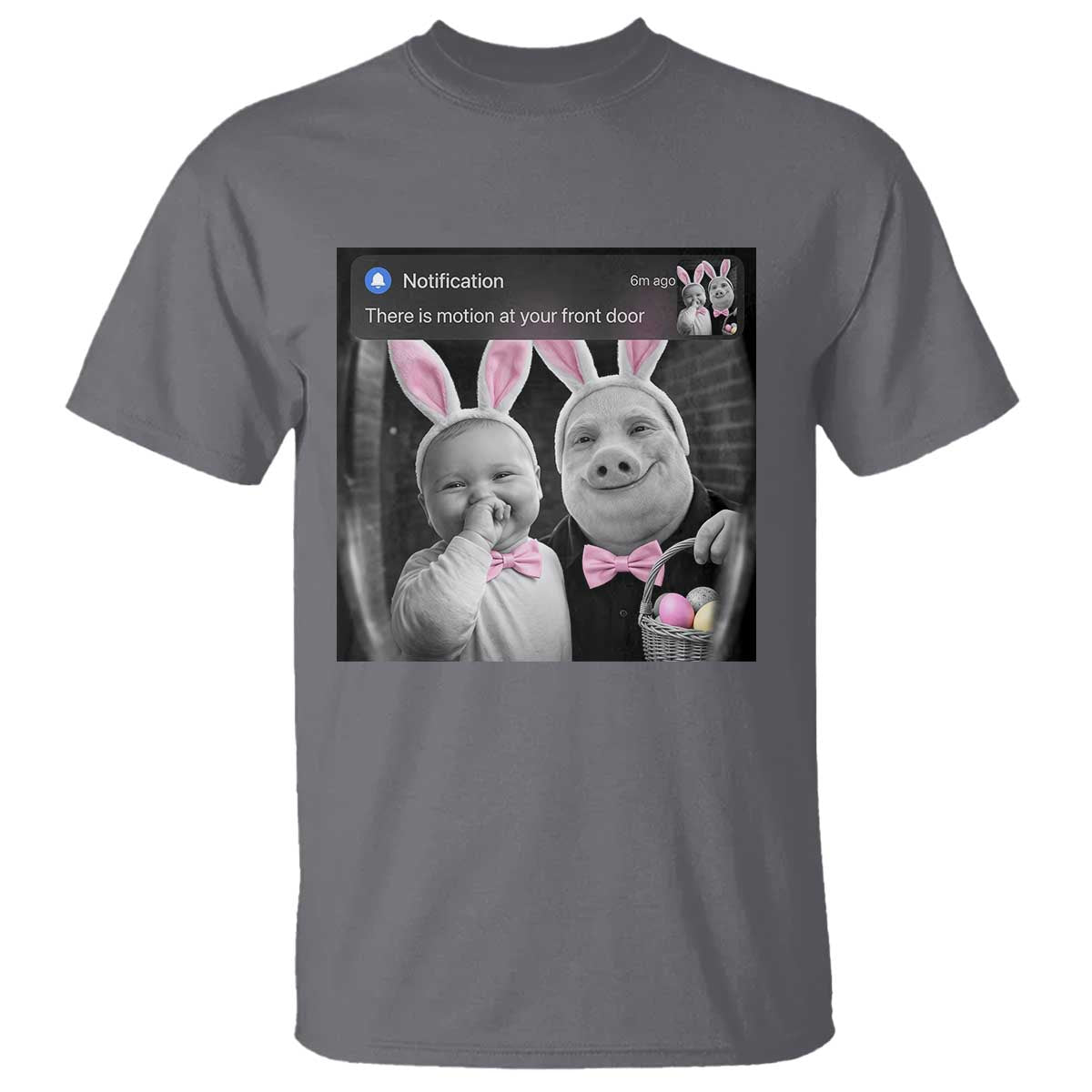 Funny Easter AI Baby with John Pork Meme T Shirt There Is Motion at Your Front Door Notification Humor TS02 Charcoal Print Your Wear