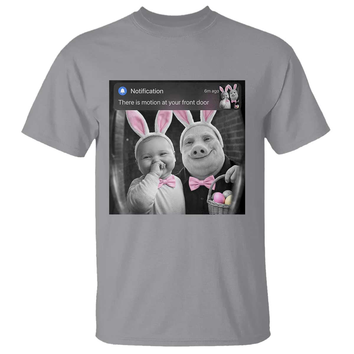 Funny Easter AI Baby with John Pork Meme T Shirt There Is Motion at Your Front Door Notification Humor TS02 Sport Gray Print Your Wear