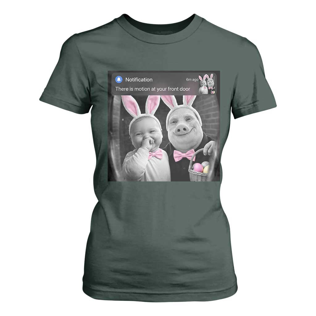 Funny Easter AI Baby with John Pork Meme T Shirt For Women There Is Motion at Your Front Door Notification Humor TS02 Dark Forest Green Print Your Wear