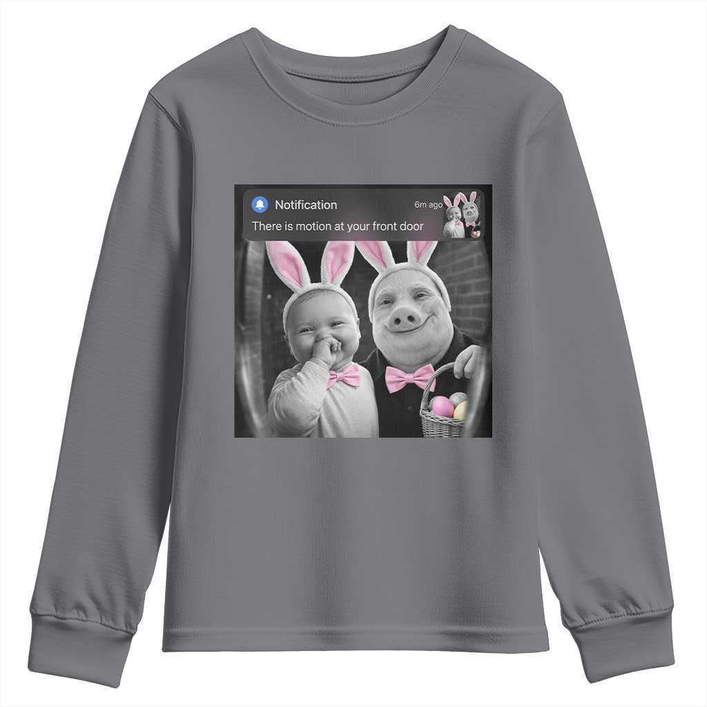 Funny Easter AI Baby with John Pork Meme Youth Sweatshirt There Is Motion at Your Front Door Notification Humor TS02 Charcoal Print Your Wear