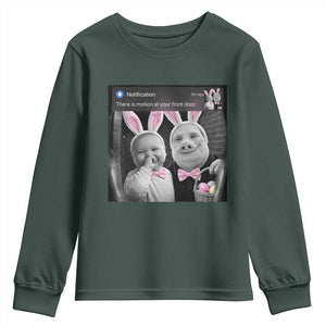 Funny Easter AI Baby with John Pork Meme Youth Sweatshirt There Is Motion at Your Front Door Notification Humor TS02 Dark Forest Green Print Your Wear