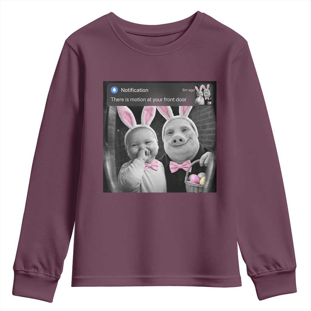 Funny Easter AI Baby with John Pork Meme Youth Sweatshirt There Is Motion at Your Front Door Notification Humor TS02 Maroon Print Your Wear