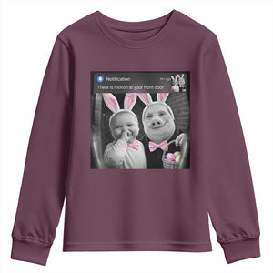 Funny Easter AI Baby with John Pork Meme Youth Sweatshirt There Is Motion at Your Front Door Notification Humor TS02 Maroon Print Your Wear